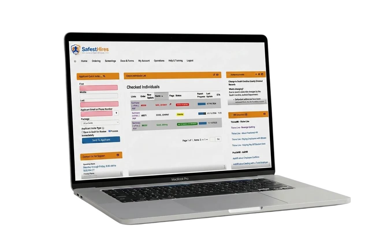 SafestHires HR dashboard on a MacBook showing the applicant quick invite panel, checked individuals list, announcements, and HR education resources.