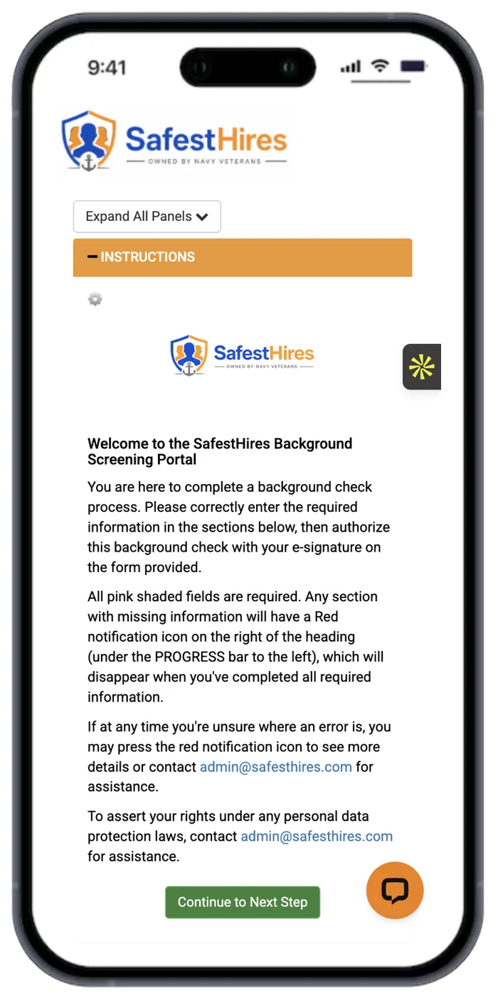 SafestHires candidate portal on an iPhone showing the welcome screen and background screening instructions.