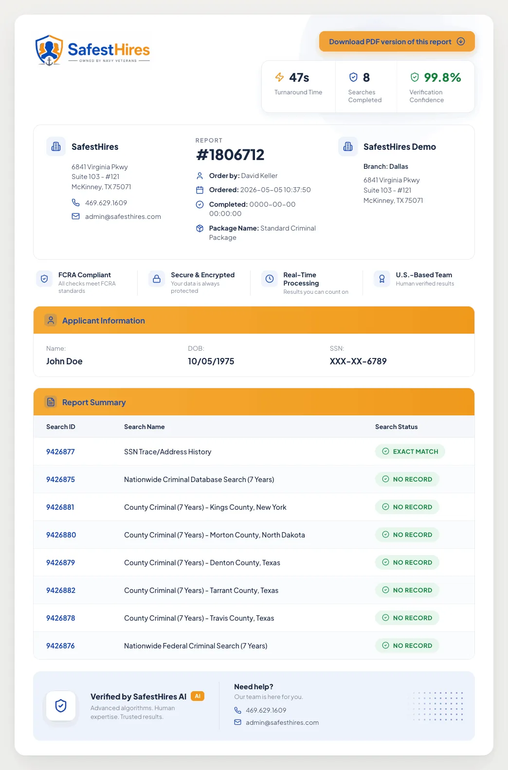 Sample SafestHires background check report showing per-row search status, turnaround time, and FCRA-compliant disclosures.