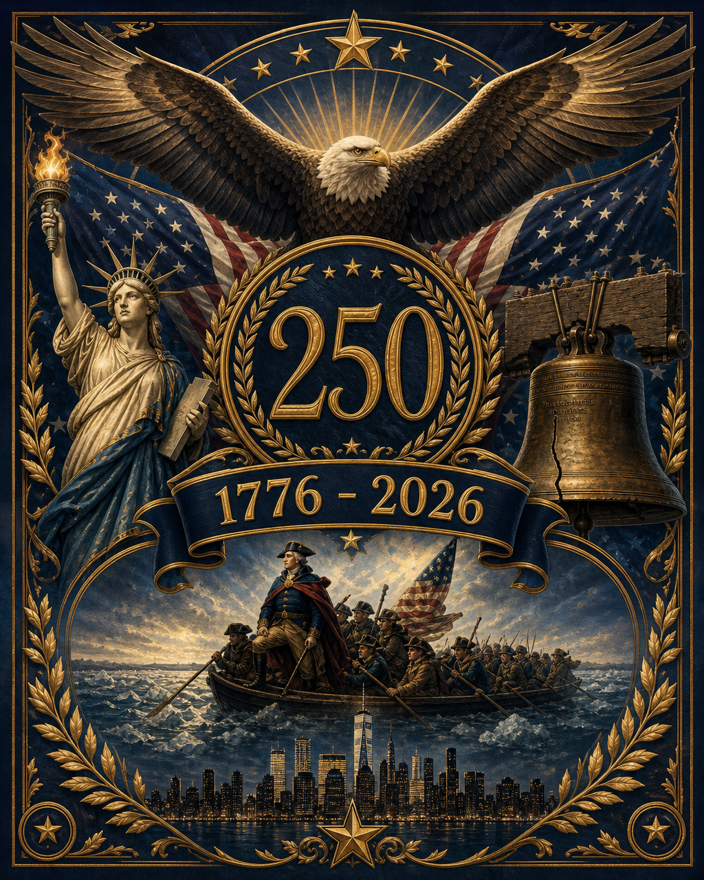 America 250 — 1776 to 2026 commemorative illustration featuring the Statue of Liberty, bald eagle, Liberty Bell, and Washington crossing the Delaware.