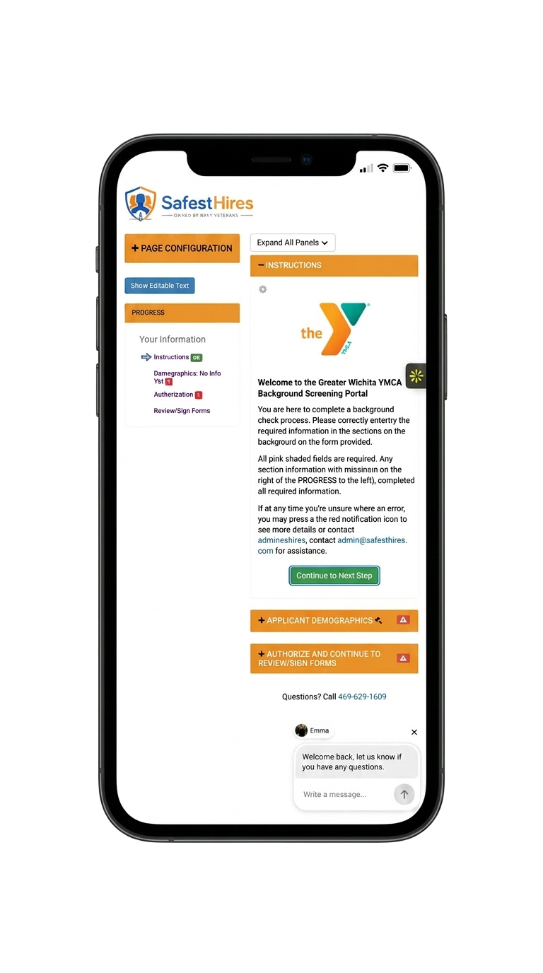 SafestHires candidate portal on an iPhone showing the welcome screen and background screening instructions.