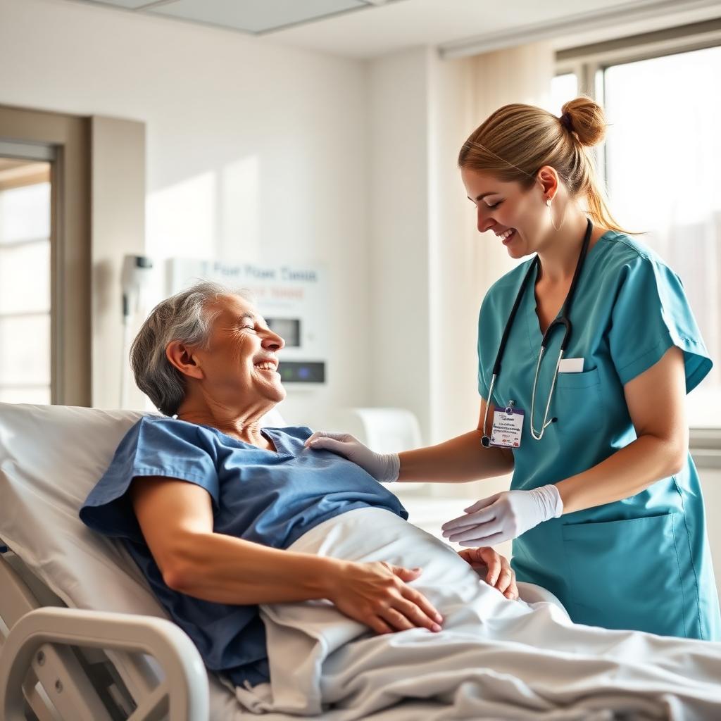 Nurse caring for a patient in a bright hospital room