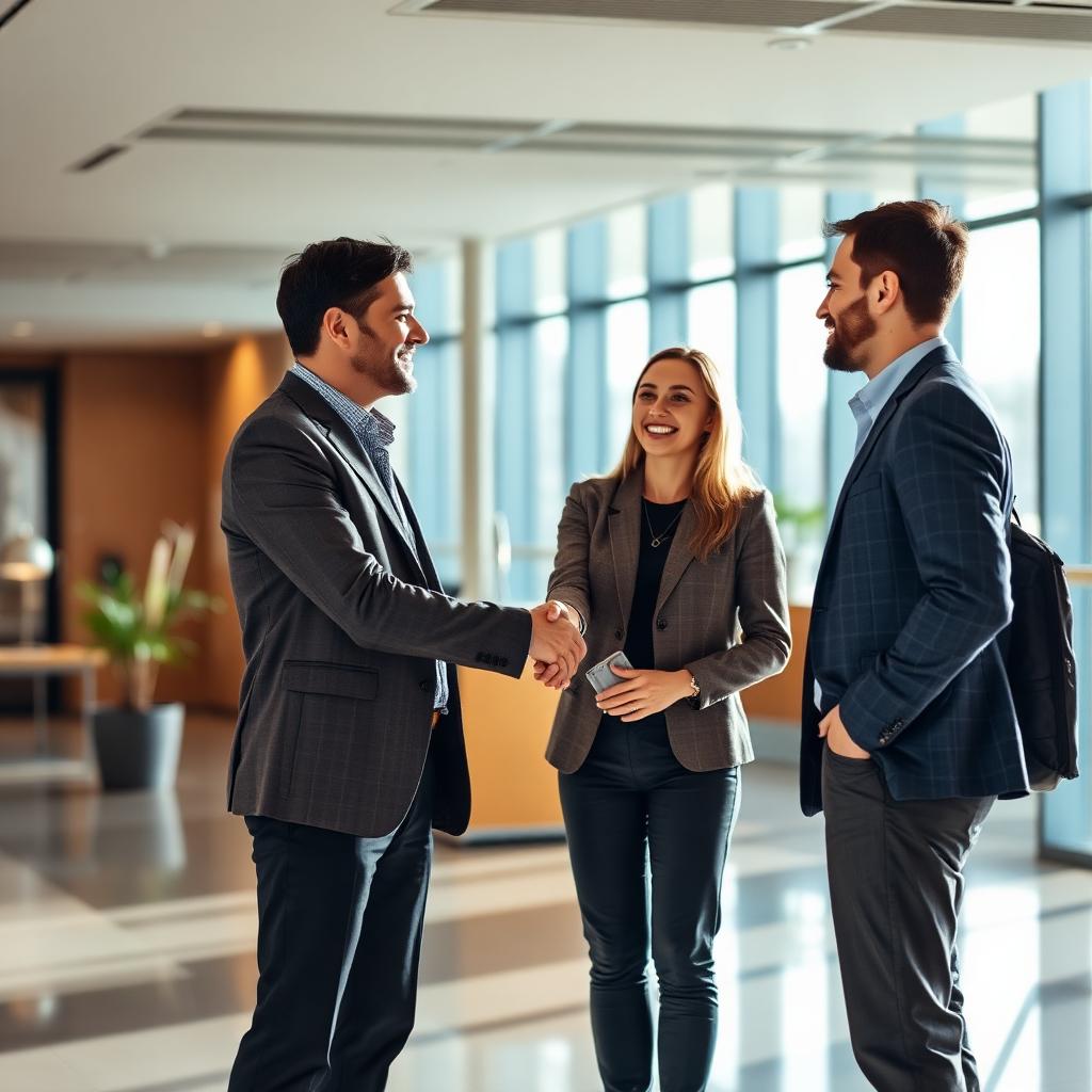 Recruiter shaking hands with a candidate in an office lobby