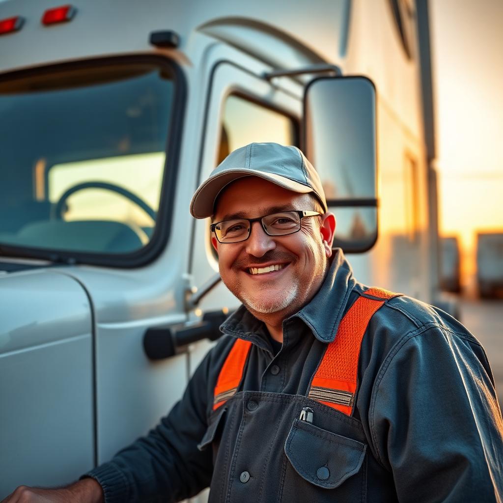 Smiling commercial truck driver beside his rig