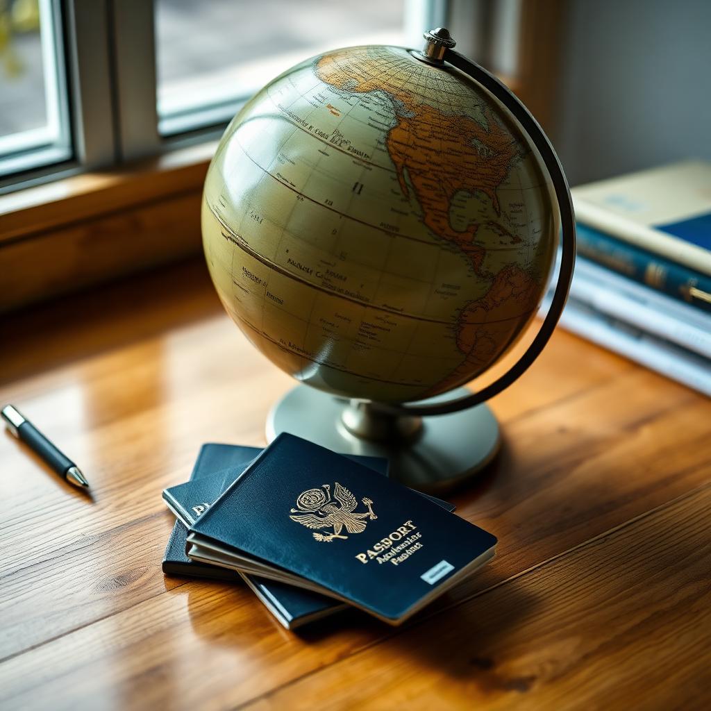 Globe and passports on a wooden desk